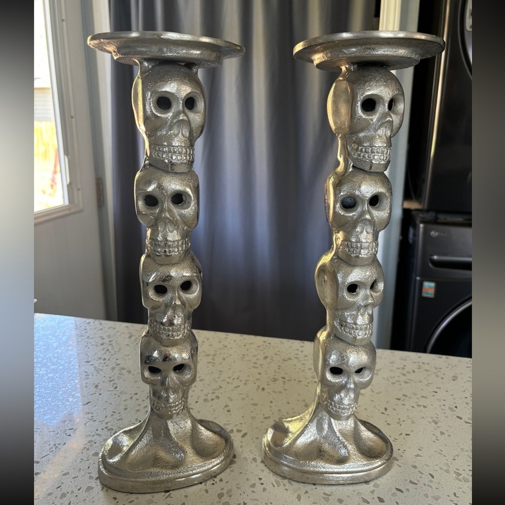 SOLD - Martha Stewart Halloween Skull Tall Metal Candlesticks